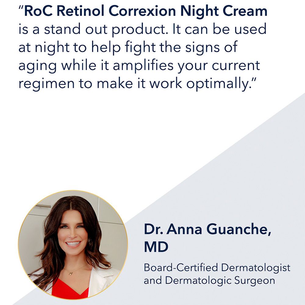 Portret van een vrouw. Tekst: RoC Retinol Correxion Night Cream is a stand out product.