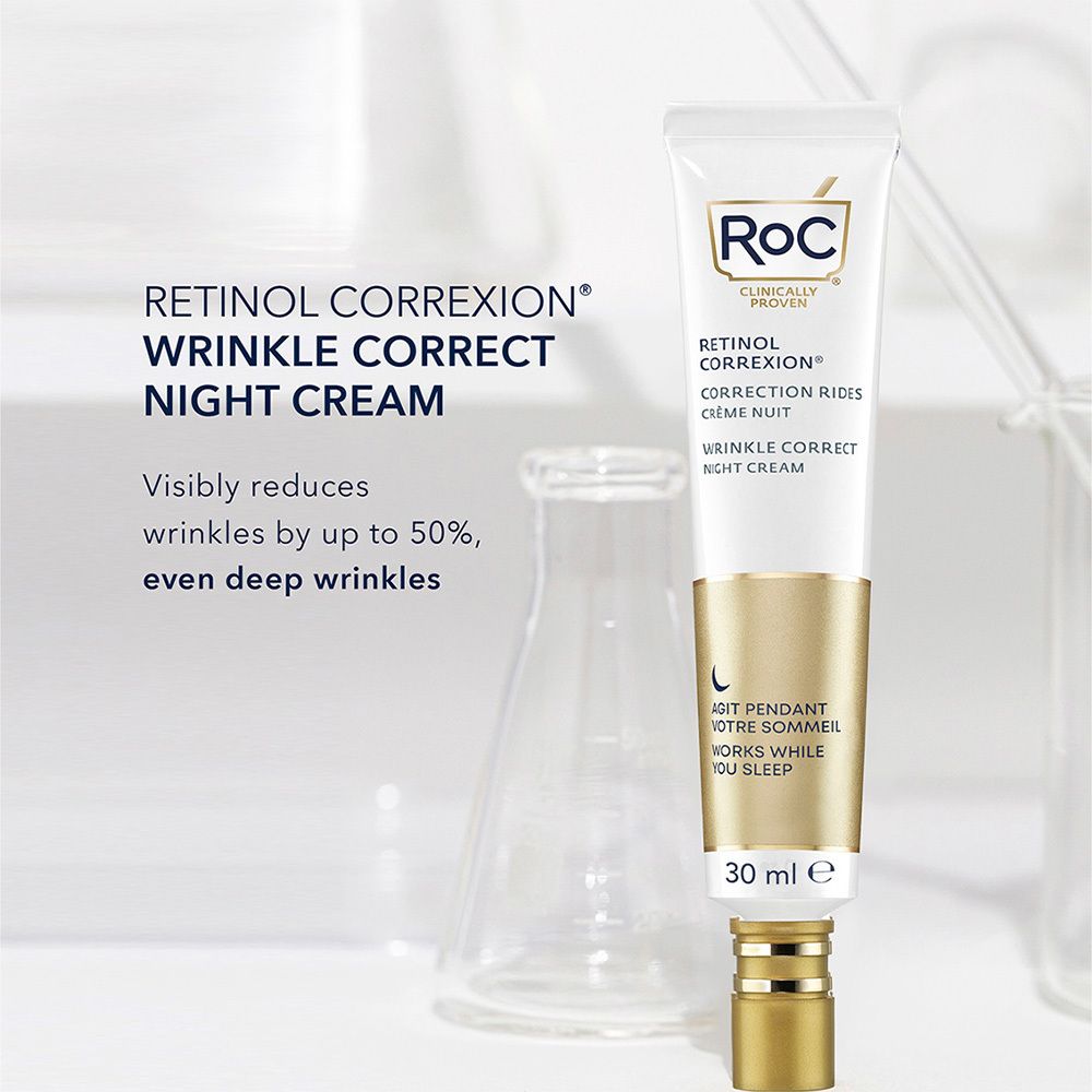 RoC® RETINOL CORREXION® Nachtcrème tube. 30 ml. Logo en naam zichtbaar. Tekst: Visibly reduces wrinkles.