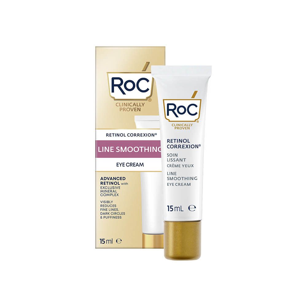 Emballage produit. Tube et boîte. Inscription : RoC, Retinol Correxion, crème yeux. 15 ml.