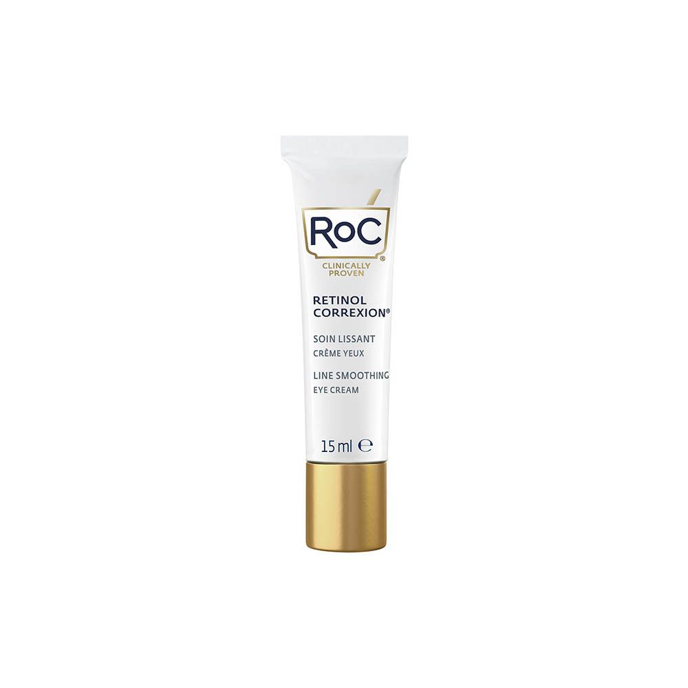 Tube blanc avec bouchon doré. Inscription : RoC, Retinol Correxion, crème yeux. 15 ml.