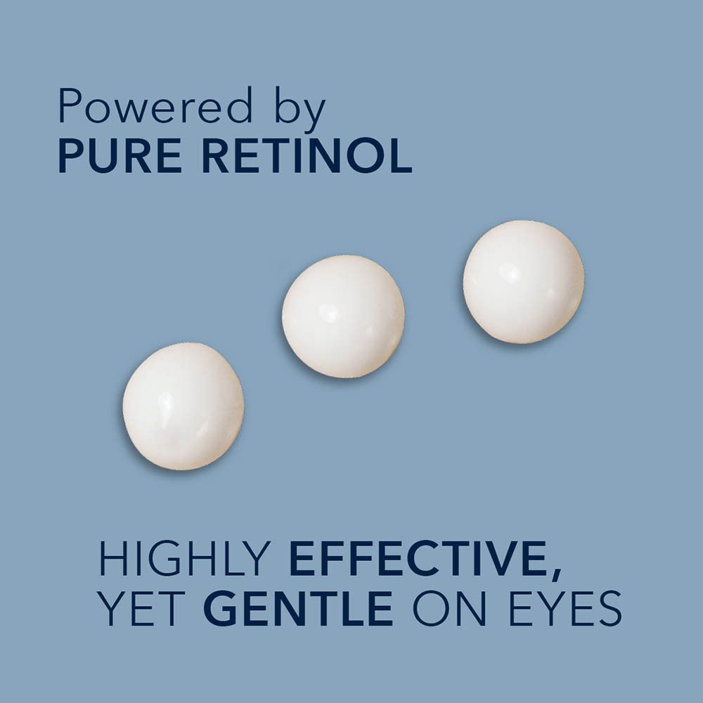Afbeelding met tekst. 3 witte bollen. Tekst: Pure Retinol. Zacht voor de ogen.