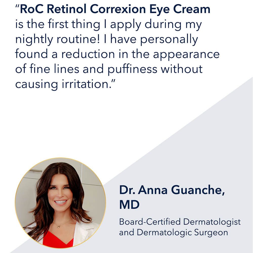 Texte et photo d'une femme. Citation : Réduit rides et poches. Dr. Anna Guanche, dermatologue.