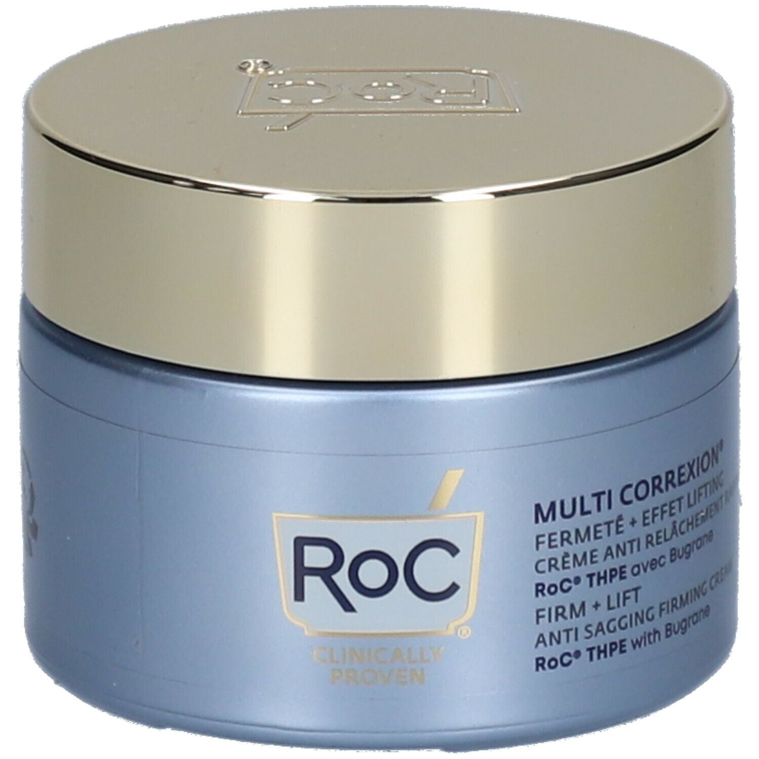 Blau-goldfarbener Tiegel RoC® MULTI CORREXION® Creme. Deckel goldfarben, Schriftzug und Produktbezeichnung auf dem Tiegel.