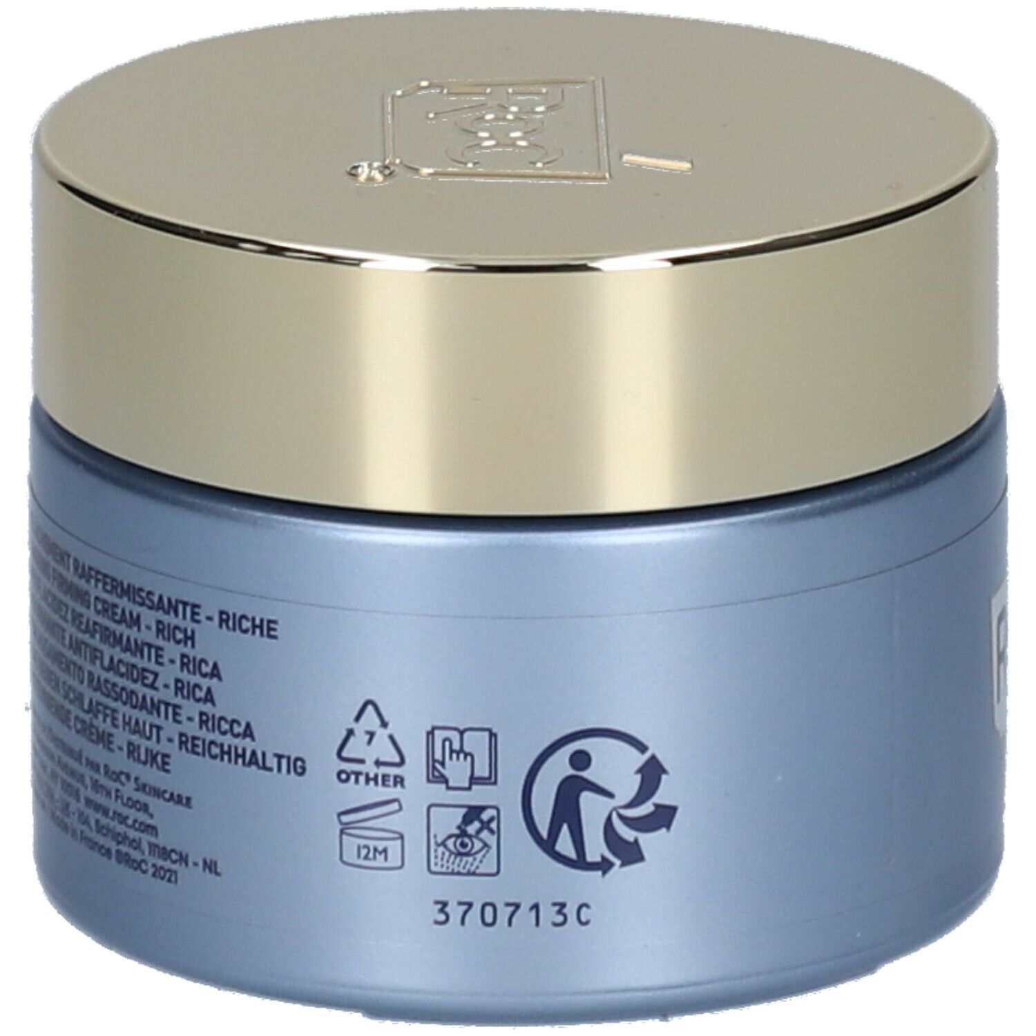 Rückseite des blauen Cremetiegels RoC® MULTI CORREXION®. Informationen und Symbole, darunter Recycling- und Haltbarkeitshinweise.