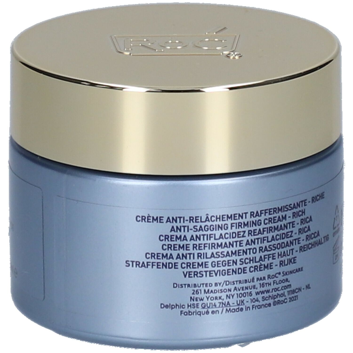 Rückansicht des blauen Cremetiegels RoC® MULTI CORREXION®. Produktbezeichnungen in verschiedenen Sprachen.
