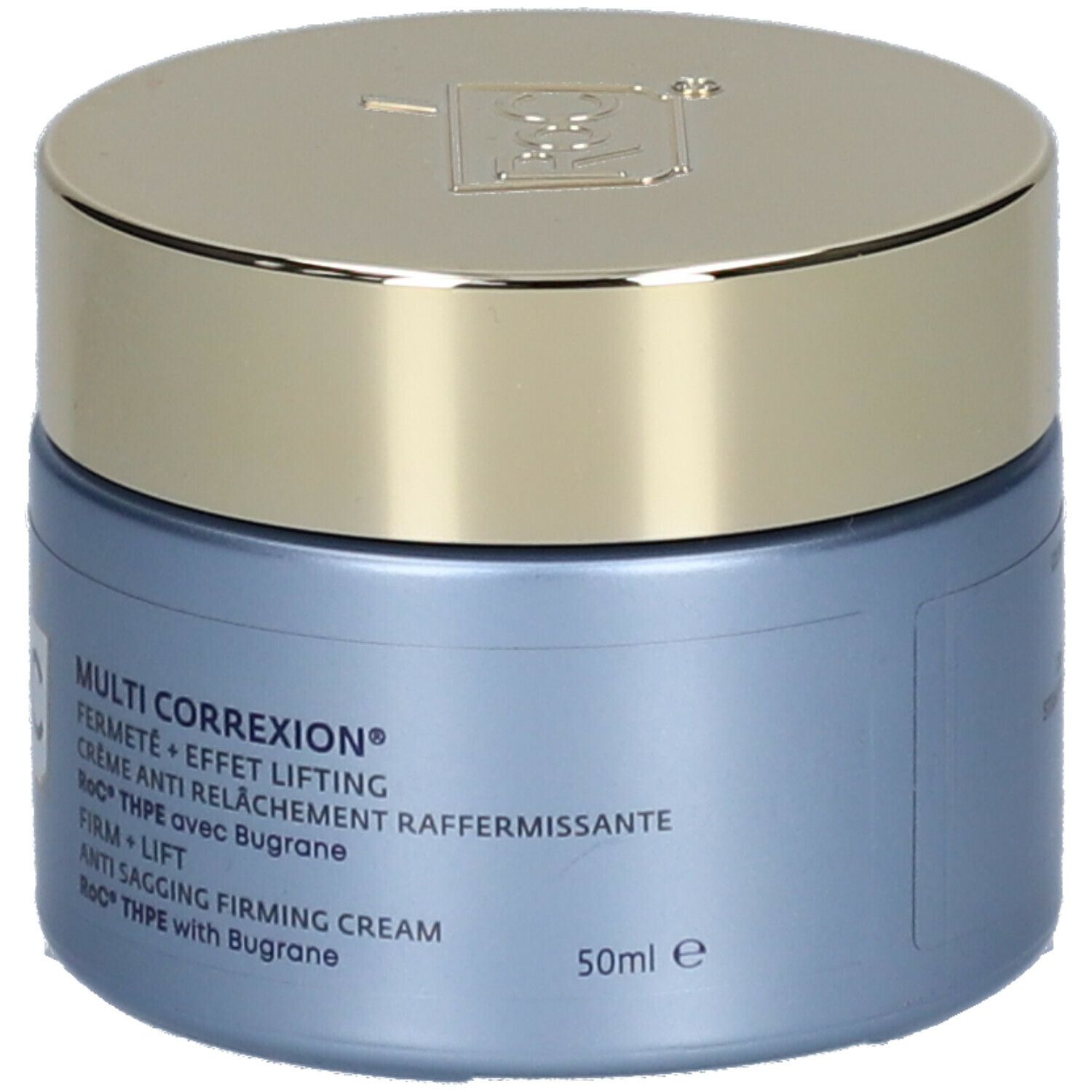 Blauer Cremetiegel RoC® MULTI CORREXION® mit goldfarbenem Deckel. Produktbezeichnungen und Volumenangabe 50ml.