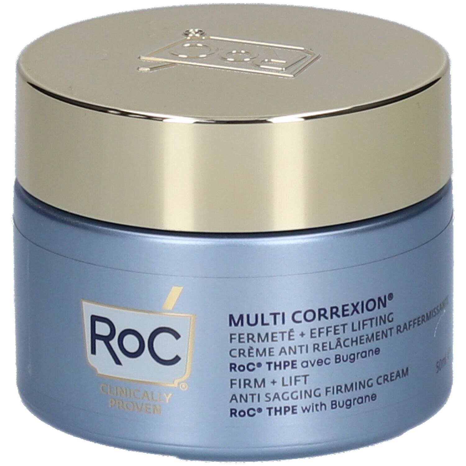 Blauer Cremetiegel RoC® MULTI CORREXION® mit goldfarbenem Deckel. Produktlogo und -bezeichnungen.