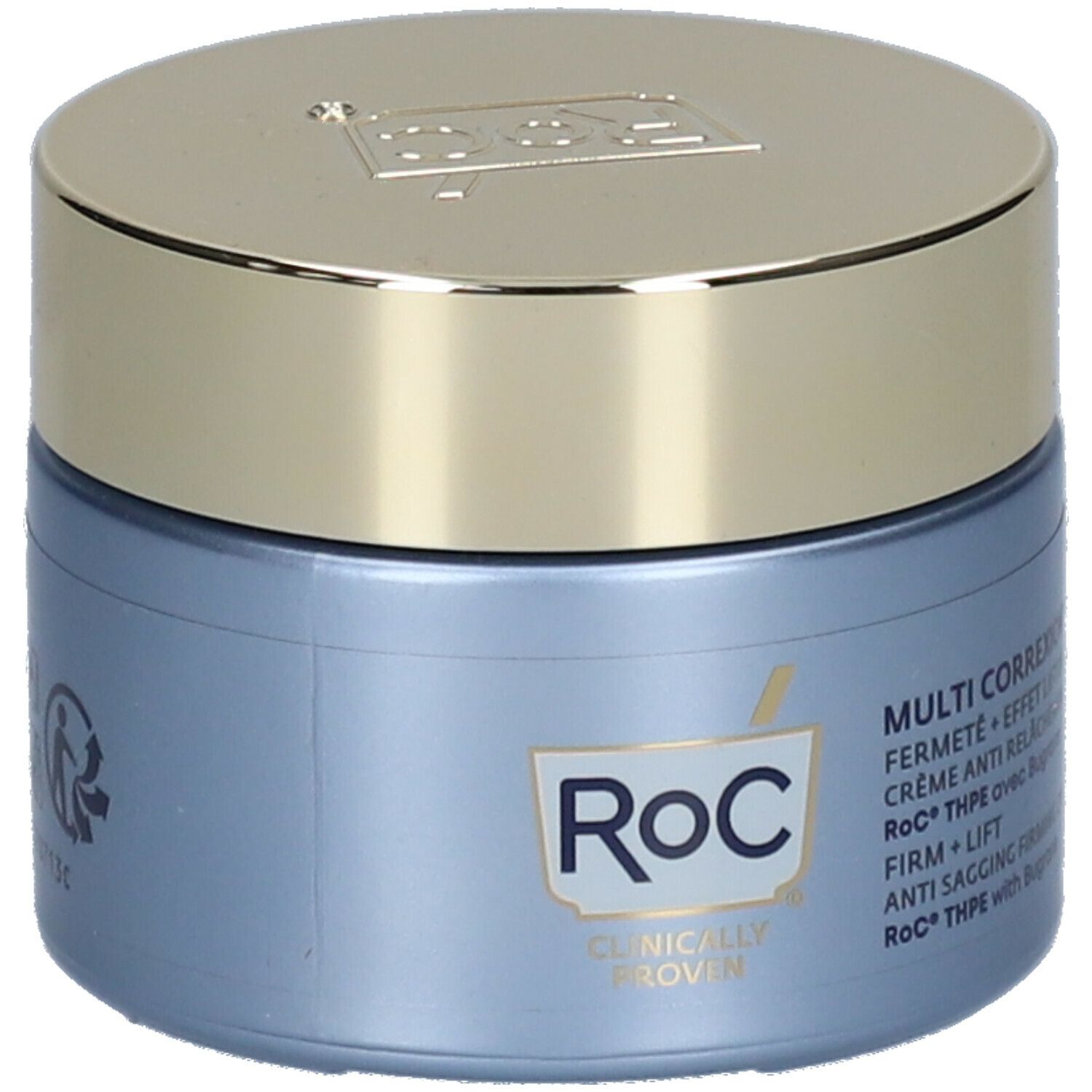 Blauer Cremetiegel RoC® MULTI CORREXION® mit goldfarbenem Deckel. Produktlogo und -bezeichnungen.