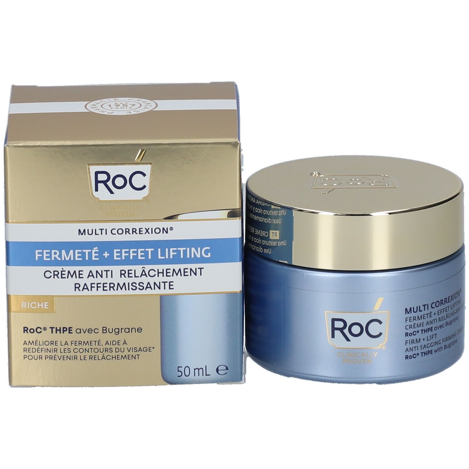 RoC® MULTI CORREXION® Creme und Verpackung. Goldfarbene Verpackung mit Produktlogo und -bezeichnungen.