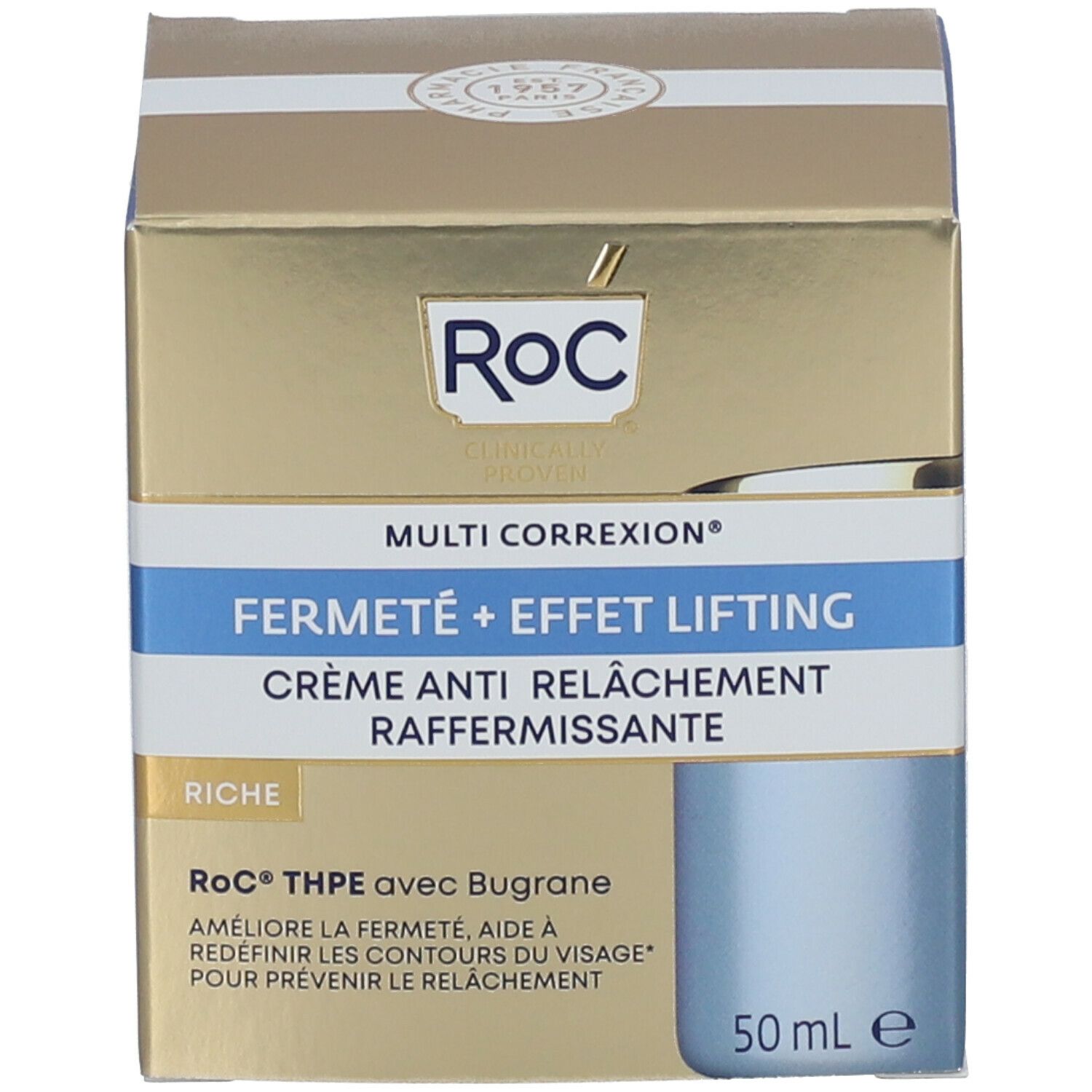 Goldfarbene Verpackung RoC® MULTI CORREXION® Creme. Produktlogo, -bezeichnungen und Volumenangabe 50ml.