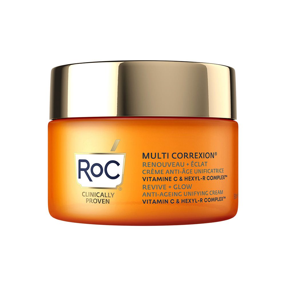 Pot de crème avec couvercle doré. Inscription RoC et informations produit.