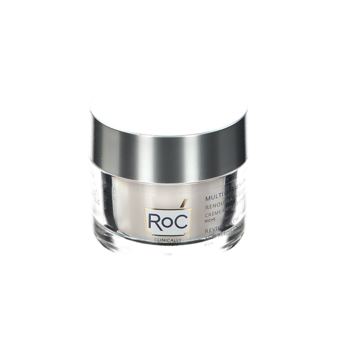 Pot de crème avec couvercle argenté. Inscription RoC et informations produit.