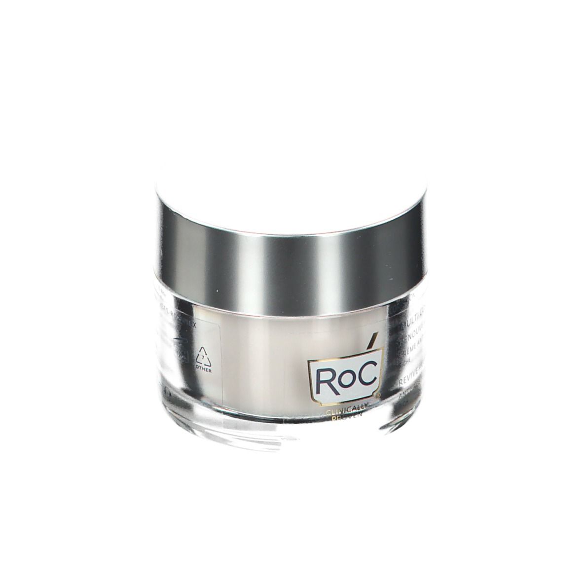 Pot de crème avec couvercle argenté. Inscription RoC et informations produit.