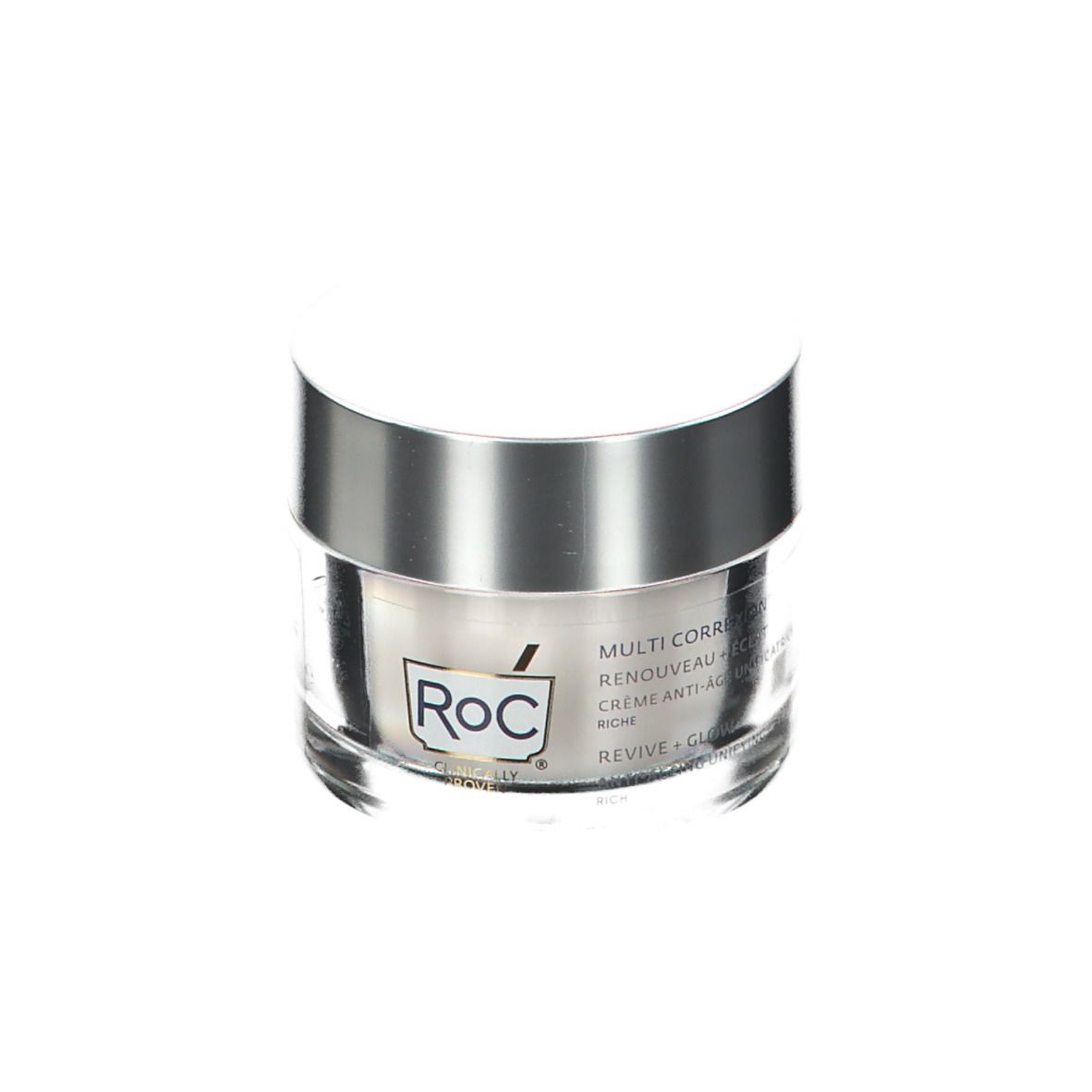 Pot de crème avec couvercle argenté. Inscription RoC et informations produit.