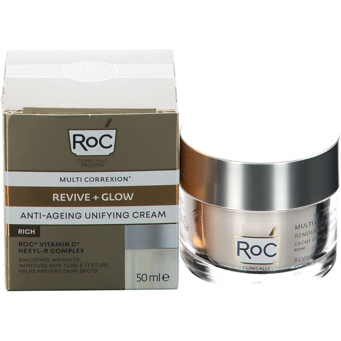 Pot de crème et emballage. Inscription RoC, nom du produit et ingrédients.
