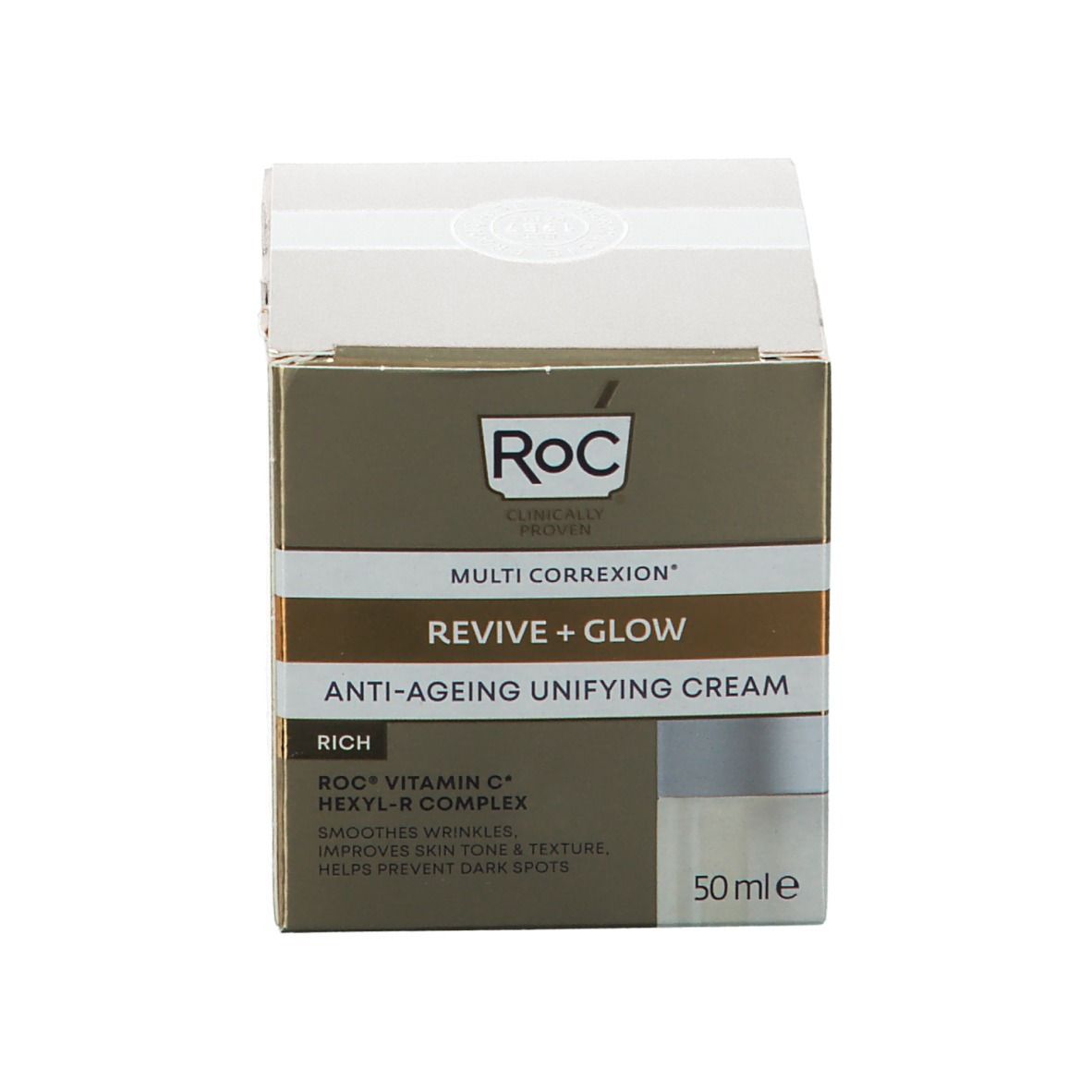 Emballage avec inscription RoC, nom du produit et ingrédients.