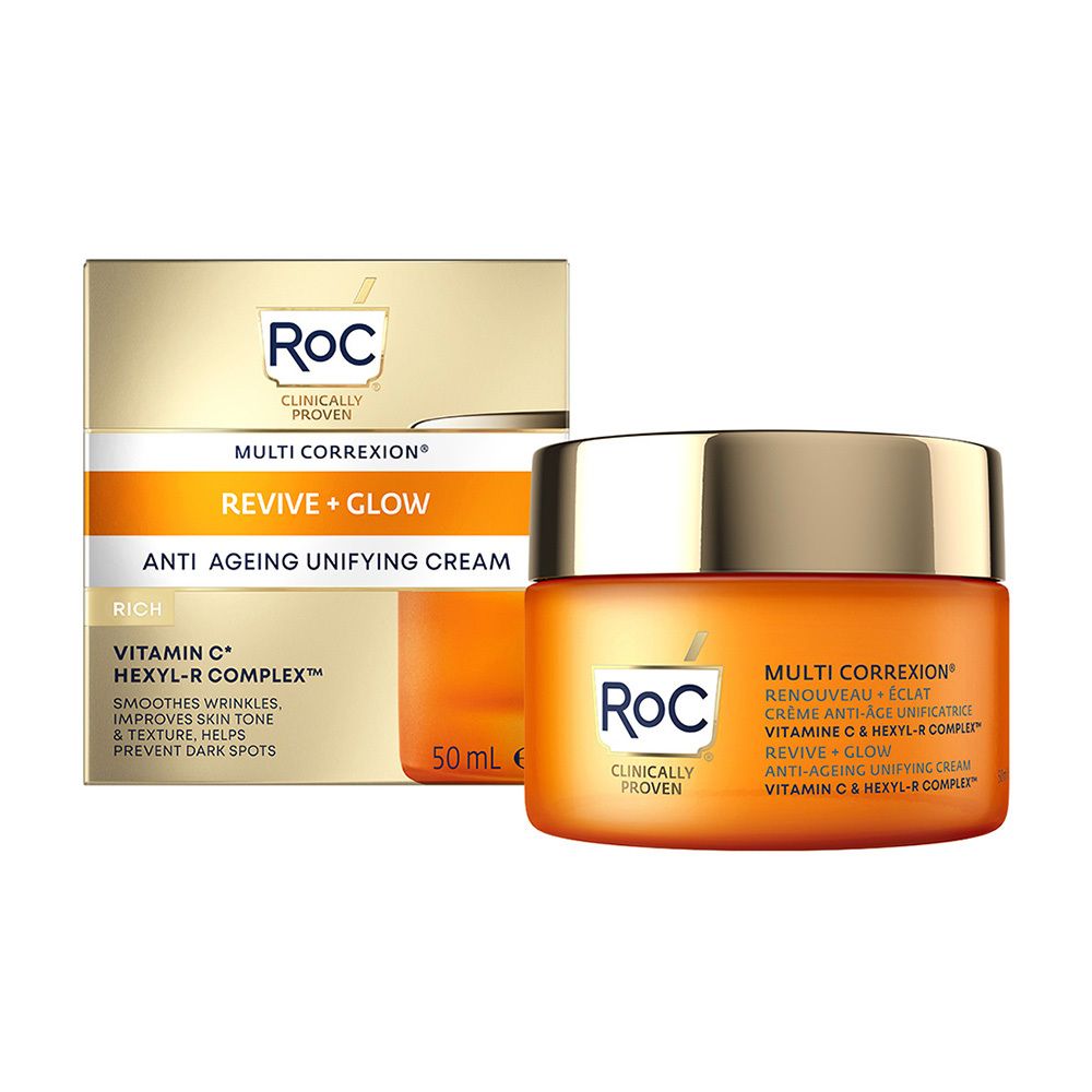 Pot de crème et emballage. Inscription RoC, nom du produit et ingrédients.