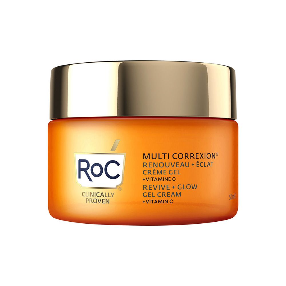 RoC® crème-gel pot. Oranje pot met productnaam en ingrediënten. 50 ml. Clinically Proven.