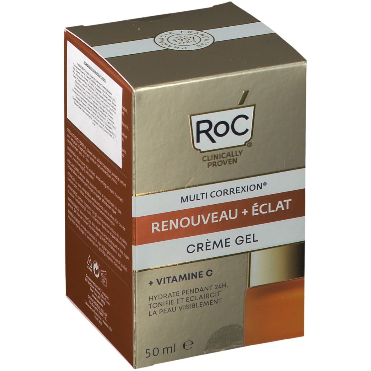 RoC® crème-gel doos. Gouden doos met productnaam en ingrediënten. 50 ml. Clinically Proven.