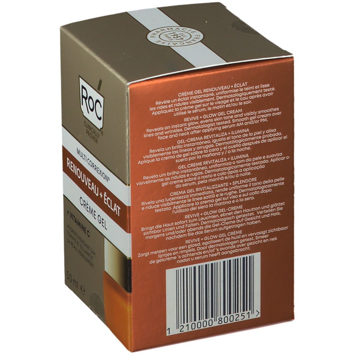 Achterkant van de RoC® crème-gel doos. Meertalige tekst. Ingrediënten en voorzorgsmaatregelen. 50 ml.