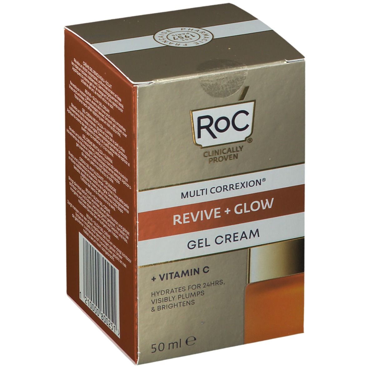 RoC® crème-gel doos. Gouden doos met productnaam en ingrediënten. 50 ml. Clinically Proven.