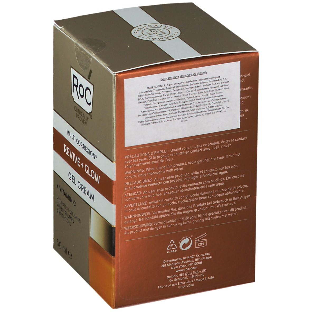 Achterkant van de RoC® crème-gel doos. Meertalige tekst. Ingrediënten en voorzorgsmaatregelen. 50 ml.