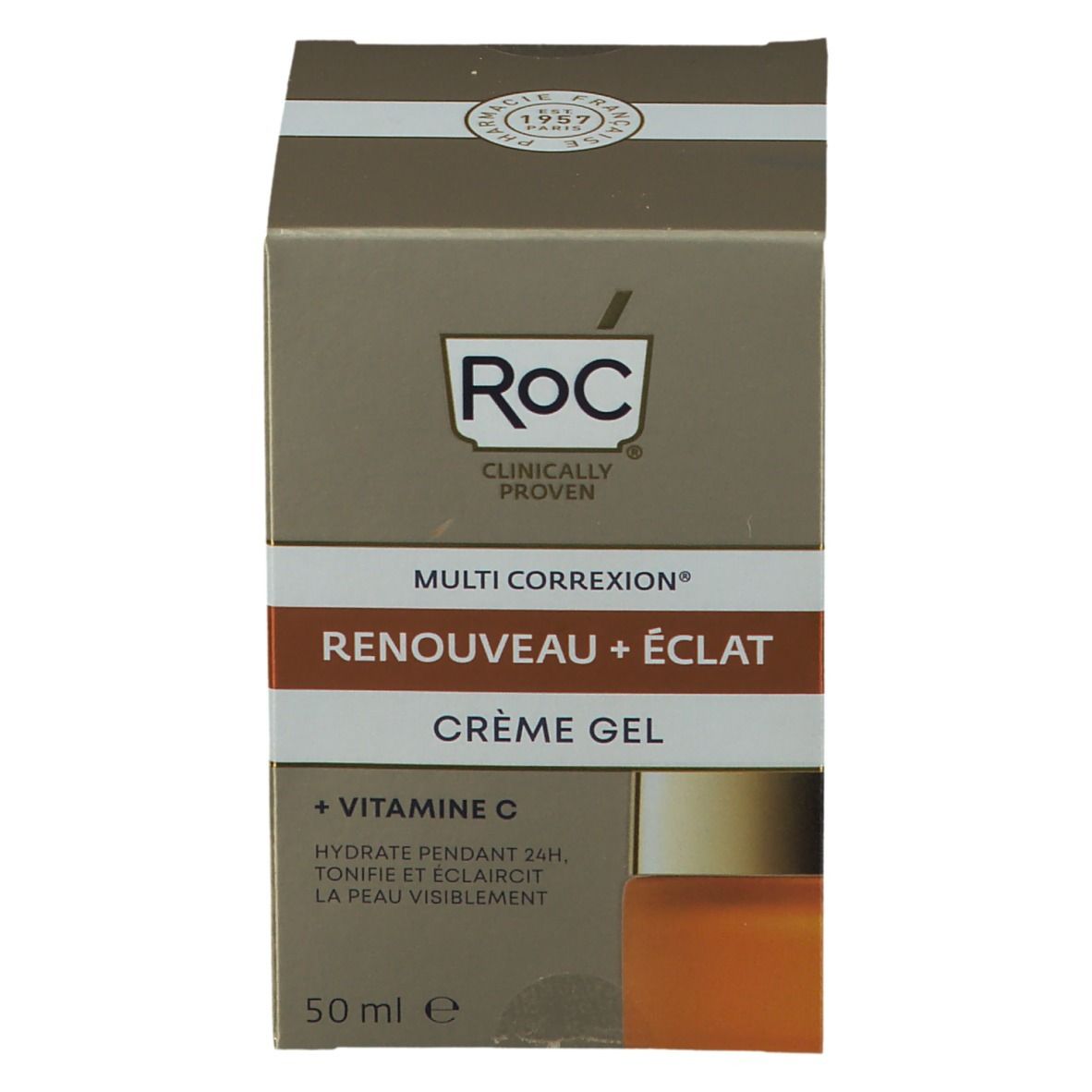 RoC® crème-gel doos. Gouden doos met productnaam en ingrediënten. 50 ml. Clinically Proven.