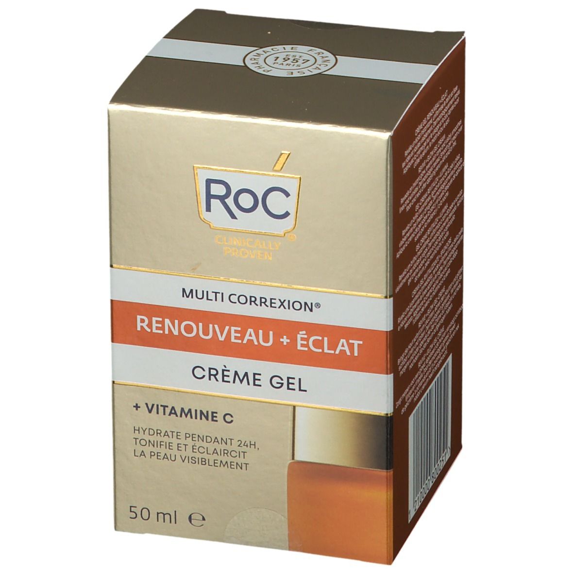 RoC® crème-gel doos. Gouden doos met productnaam en ingrediënten. 50 ml. Clinically Proven.