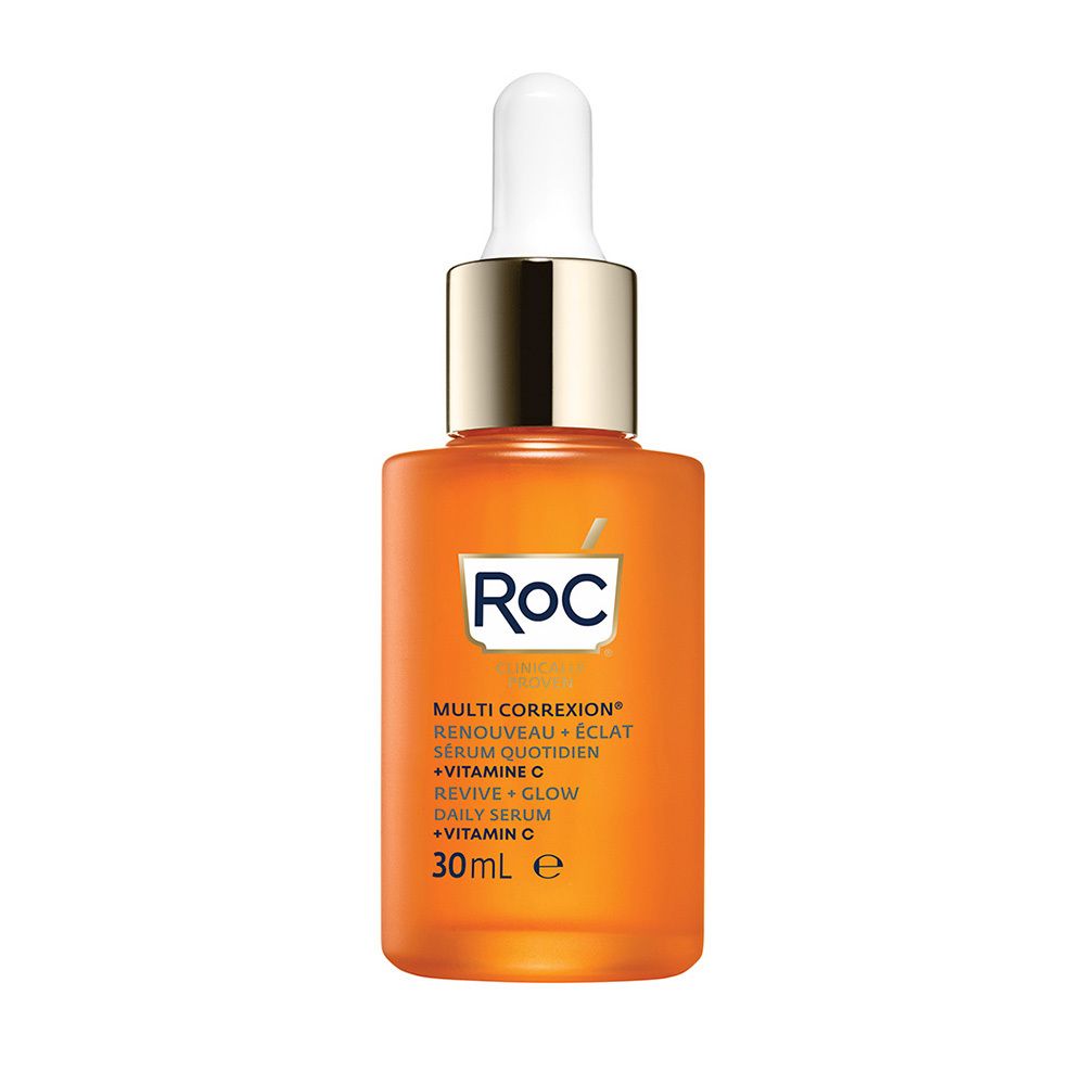 Flacon de sérum RoC® MULTI CORREXION® avec pipette. Verre orange, bouchon doré. 30 ml.