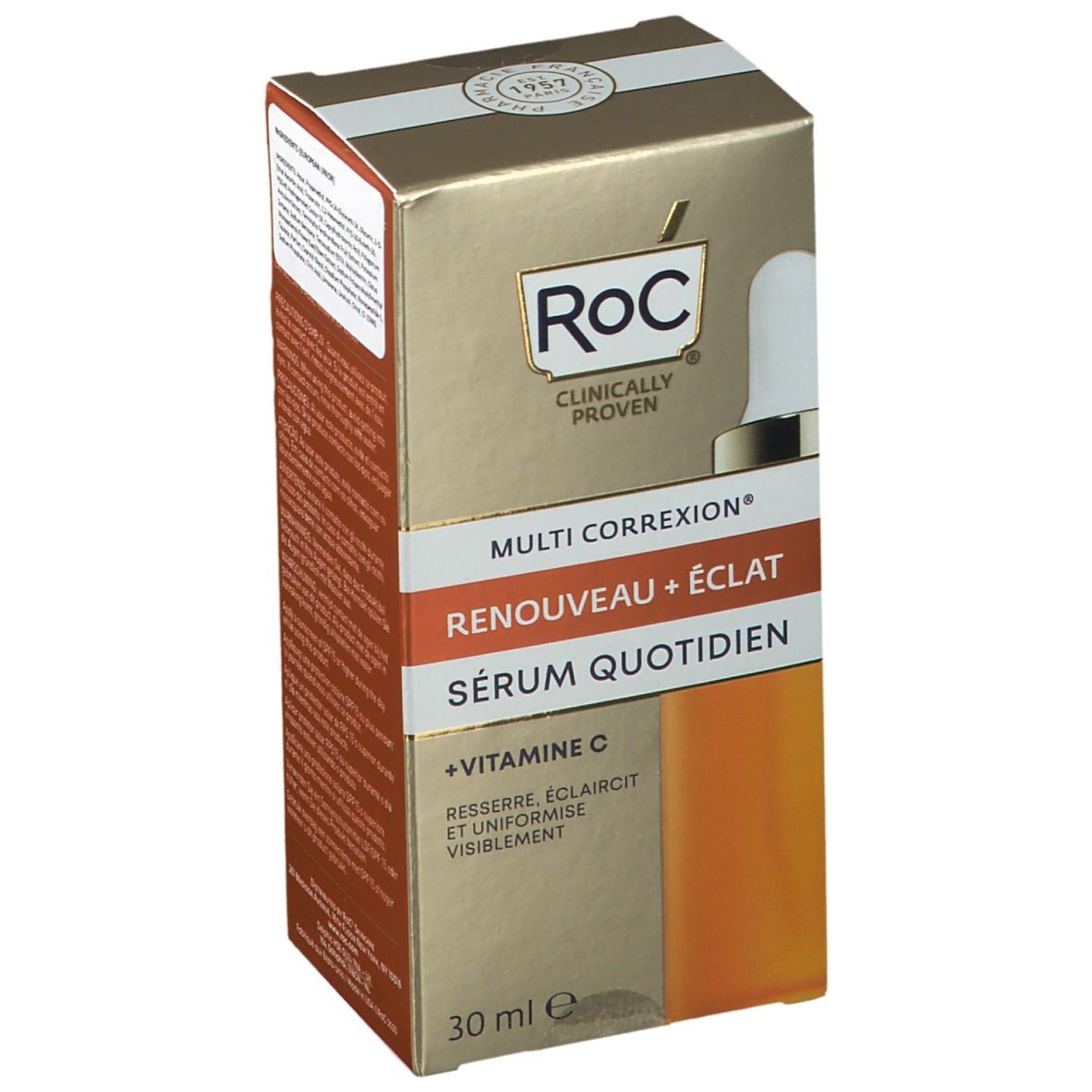 Boîte de sérum RoC® MULTI CORREXION®. Carton doré avec informations et logo. 30 ml.