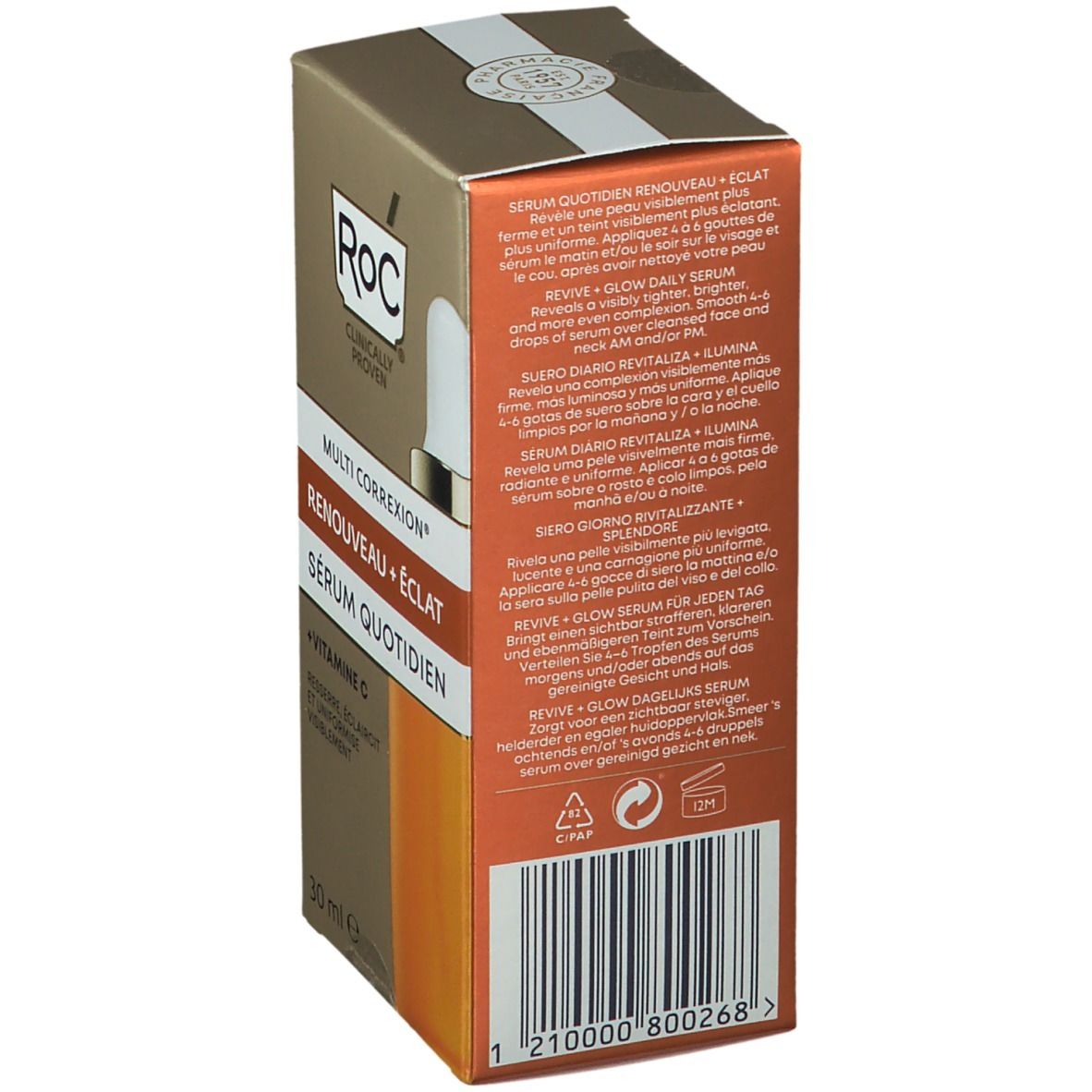 Dos de la boîte de sérum RoC® MULTI CORREXION®. Texte multilingue. Code-barres.
