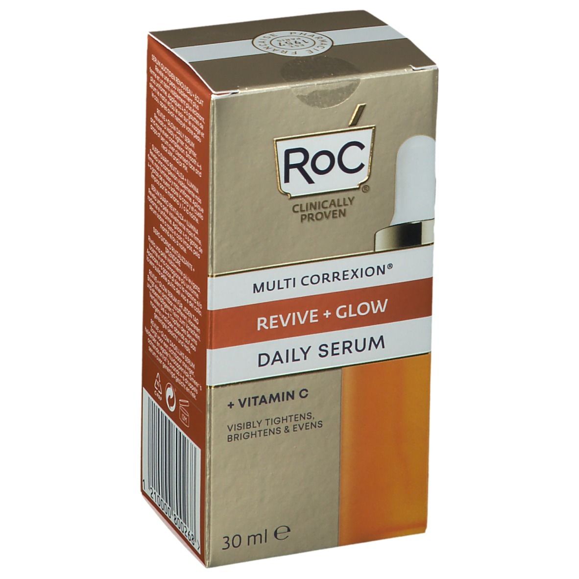 Boîte de sérum RoC® MULTI CORREXION®. Carton doré avec informations et logo. 30 ml.