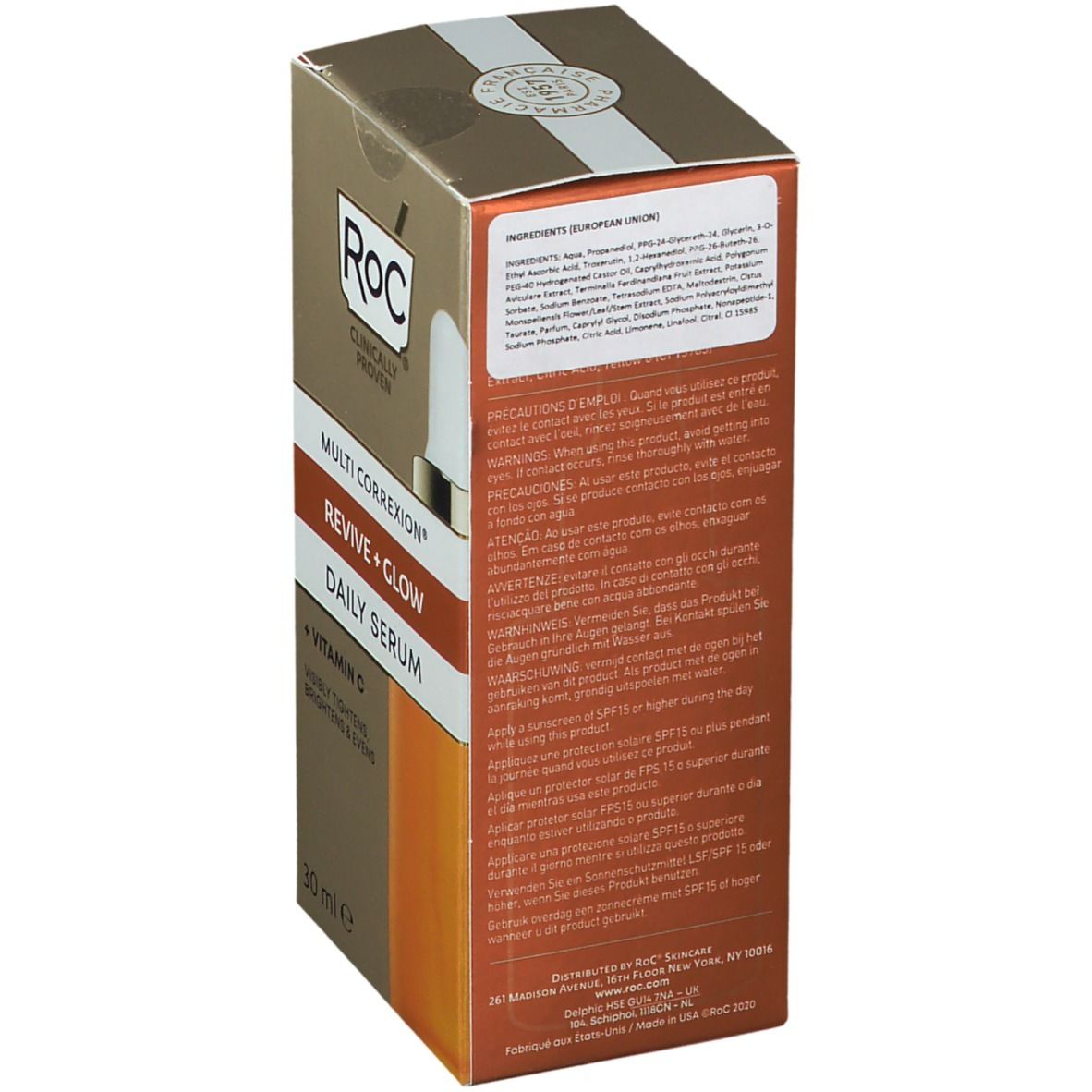 Dos de la boîte de sérum RoC® MULTI CORREXION®. Texte multilingue. Code-barres.