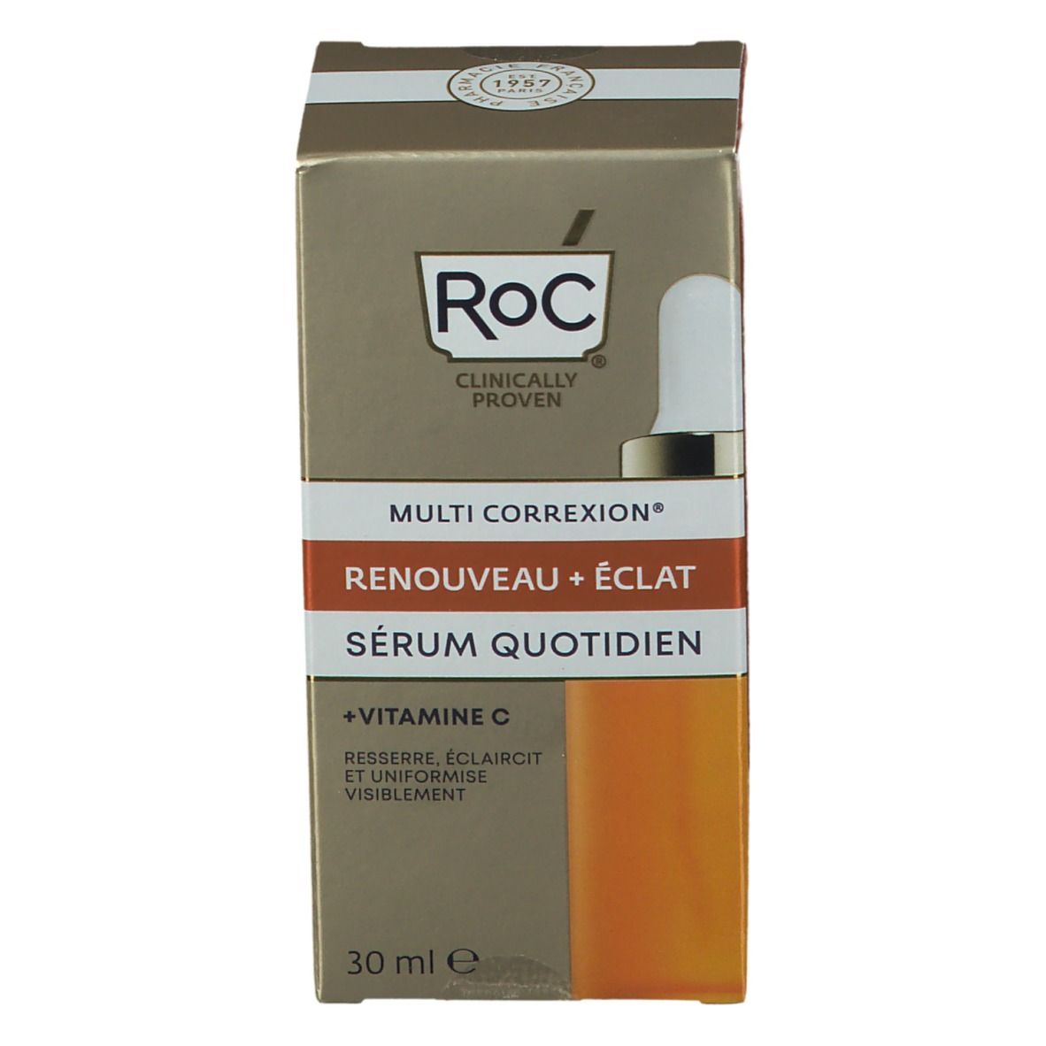Boîte de sérum RoC® MULTI CORREXION®. Carton doré avec informations et logo. 30 ml.