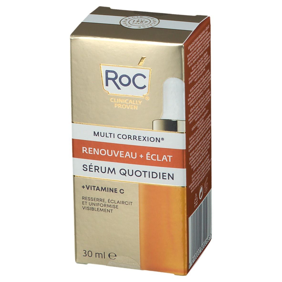 Boîte de sérum RoC® MULTI CORREXION®. Carton doré avec informations et logo. 30 ml.