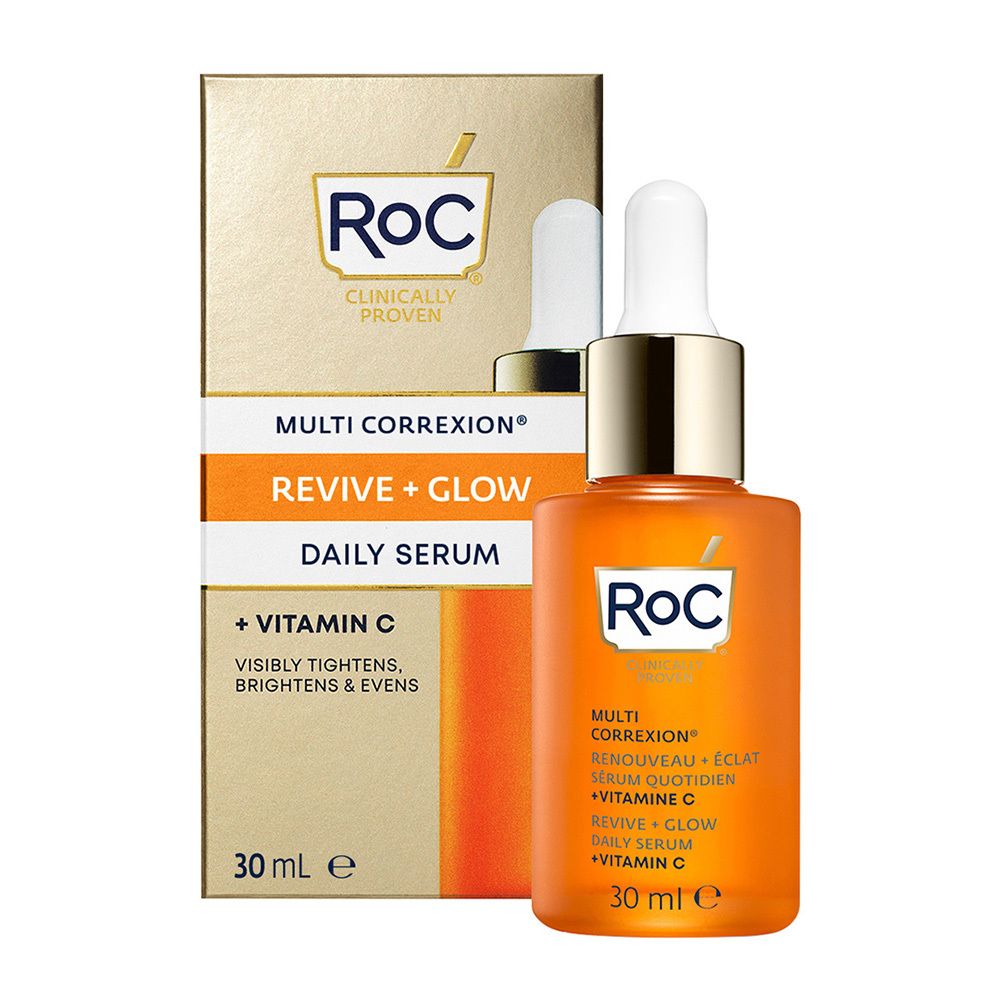 Flacon de sérum RoC® MULTI CORREXION® et emballage. Verre orange, bouchon doré. 30 ml.