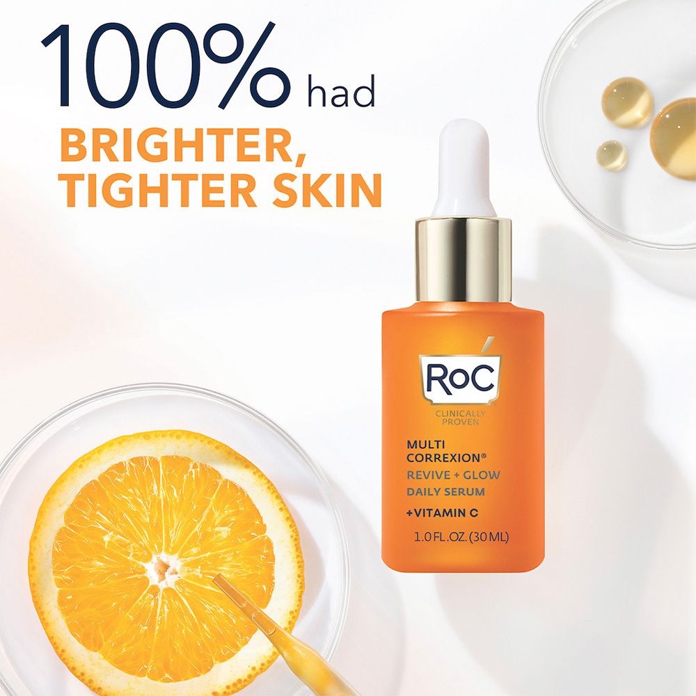 Flacon de sérum et orange dans des coupelles. Texte : 100% peau plus lumineuse et ferme. 30 ml.