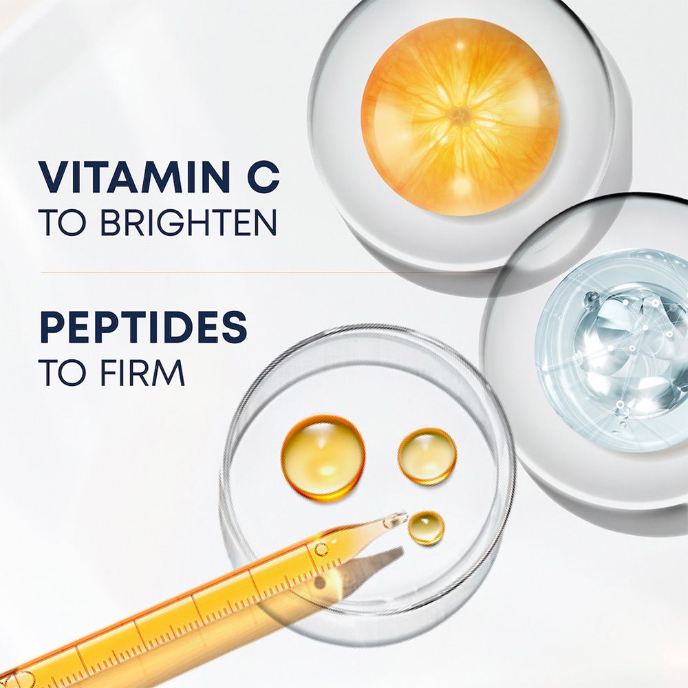 Gros plan de coupelles de laboratoire avec sérum. Texte : Vitamine C, Peptides.