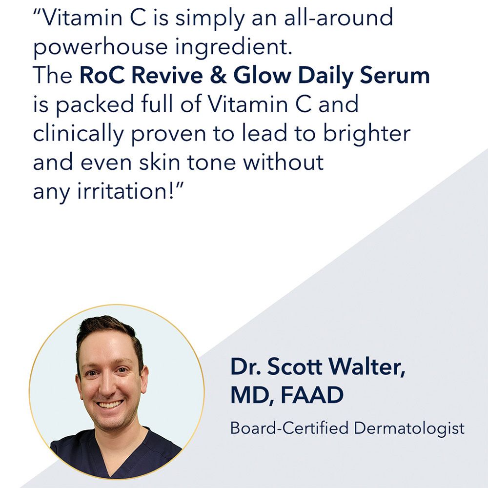 Portrait d'un homme. Texte : citation sur la vitamine C et le sérum RoC®. Dr. Scott Walter.