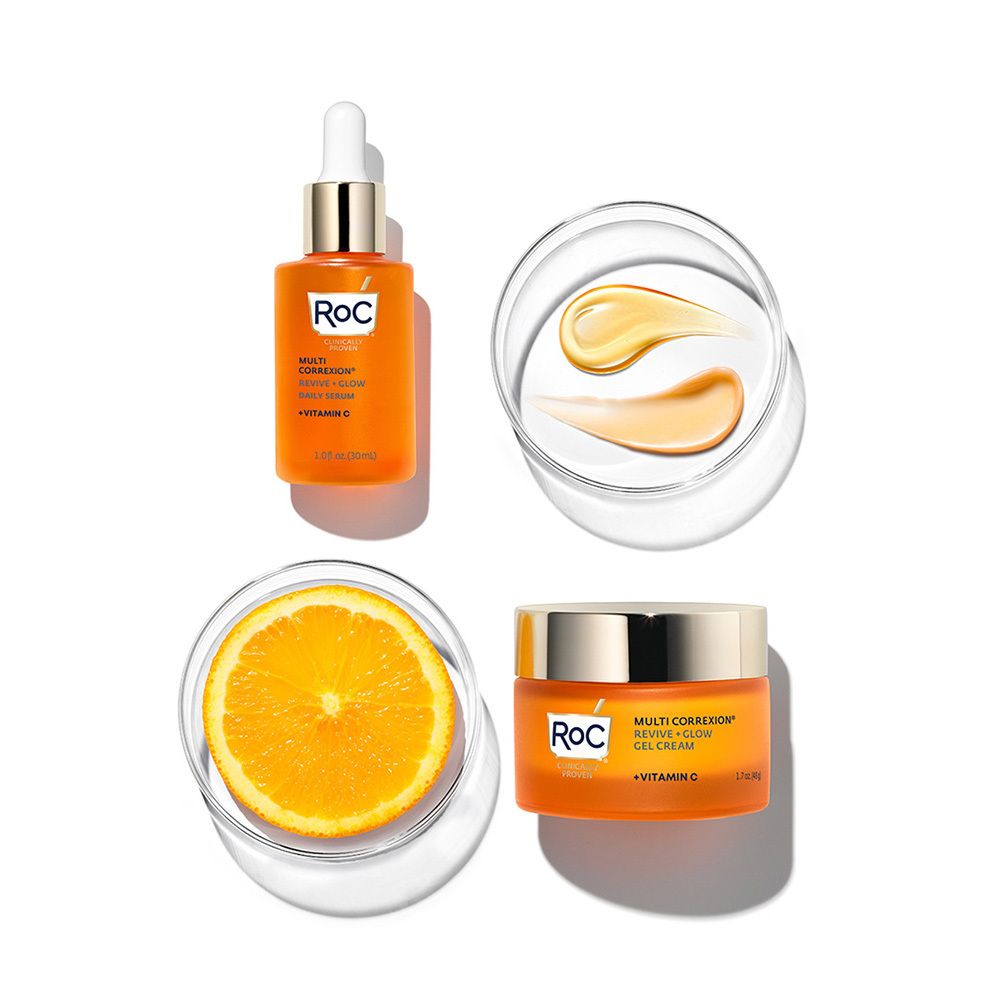 Flacon de sérum RoC®, gel-crème et orange dans des coupelles. Différents produits.
