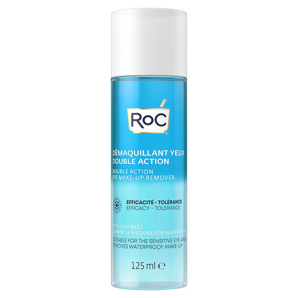 Cilindrische fles met blauw etiket. Opschrift: RoC, oogmake-up remover. 125 ml.