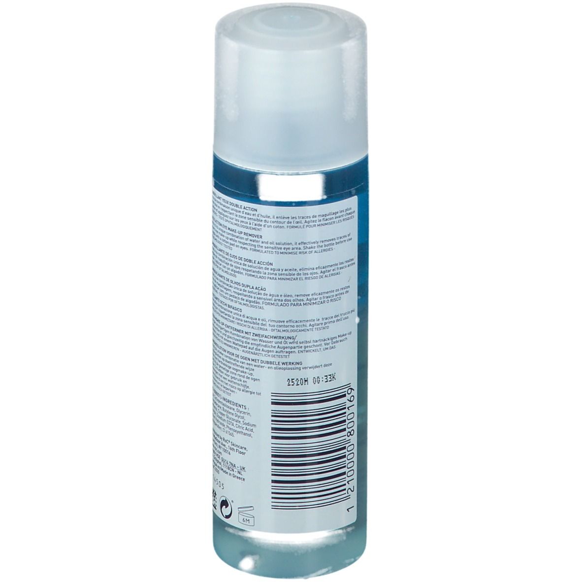 Rückseite der Flasche. Textinformationen auf blauem Etikett. Barcode und andere Kennzeichnungen.