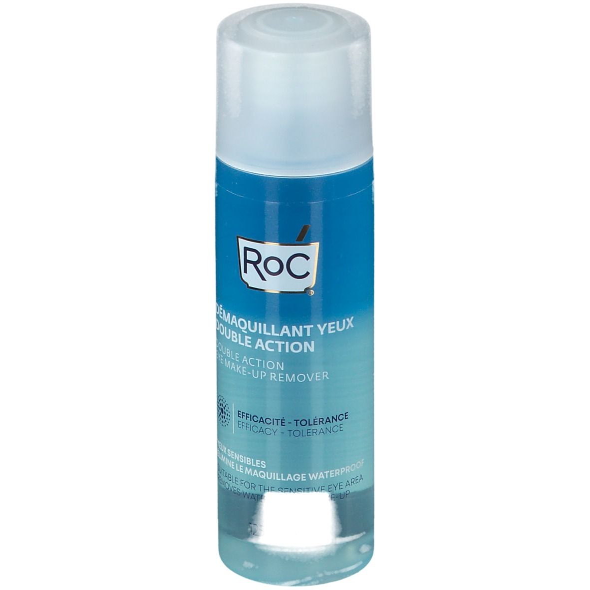 Zylindrische Flasche mit blauem Etikett. Aufschrift: RoC, Augen-Make-up-Entferner. Transparente Flüssigkeit sichtbar.