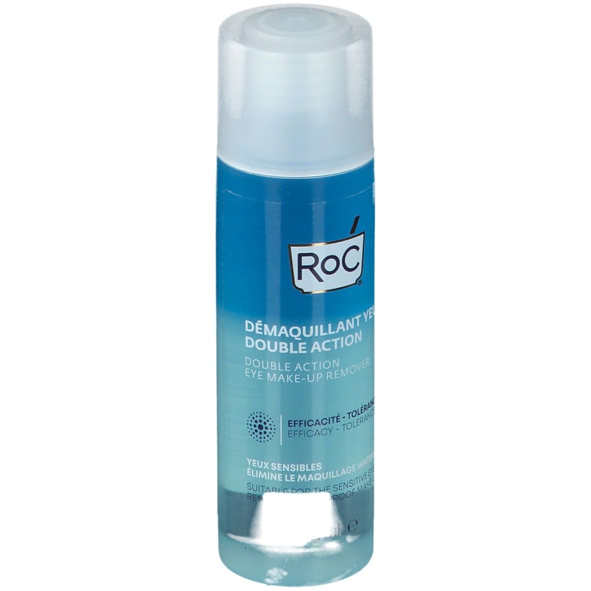Zylindrische Flasche mit blauem Etikett. Aufschrift: RoC, Augen-Make-up-Entferner. Transparente Flüssigkeit sichtbar.