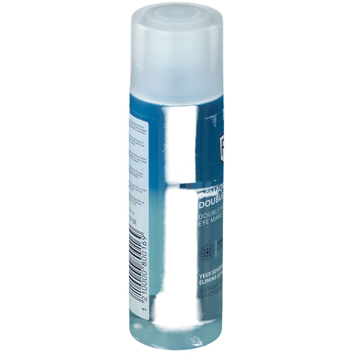 Rückseite der Flasche. Textinformationen auf blauem Etikett. Barcode und andere Kennzeichnungen.