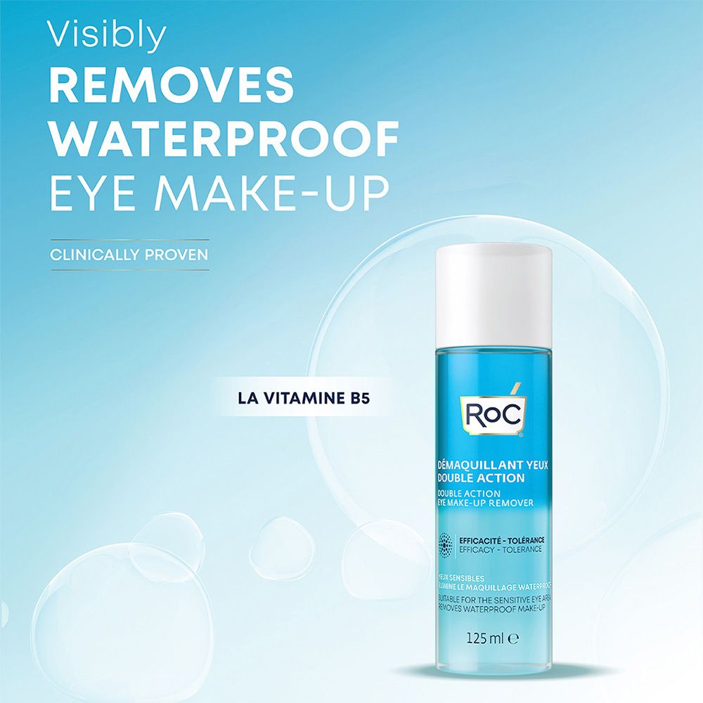 Productfles tegen blauwe achtergrond. Tekst: Visibly Removes Waterproof Eye Make-up. La Vitamine B5.