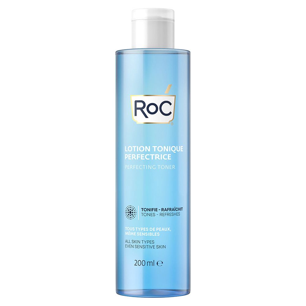 Lichtblauwe fles met RoC-logo en opschrift 'Lotion Tonique Perfectrice'. Bevat 200 ml.