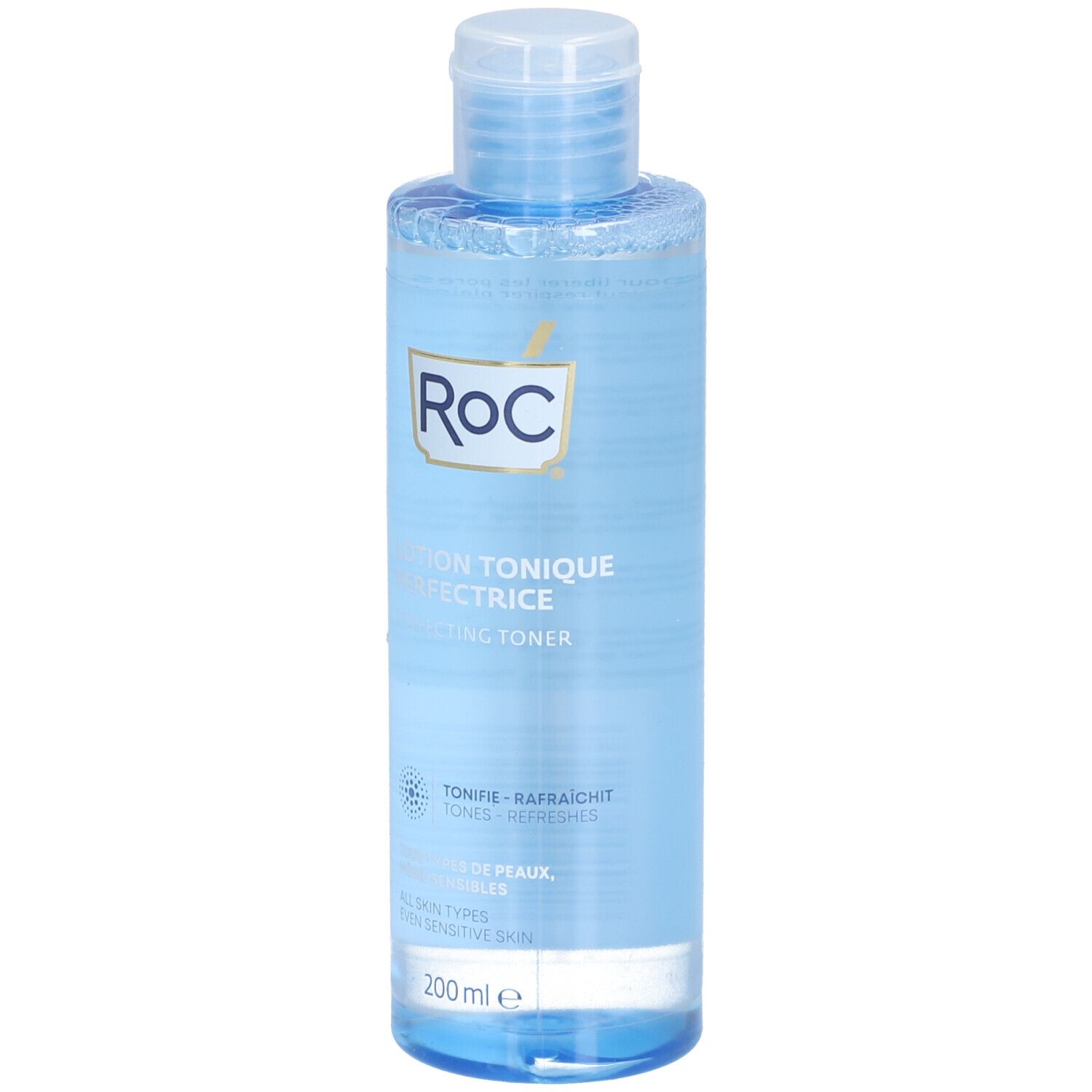 Lichtblauwe fles met RoC-logo en opschrift 'Lotion Tonique Perfectrice'. Bevat 200 ml.