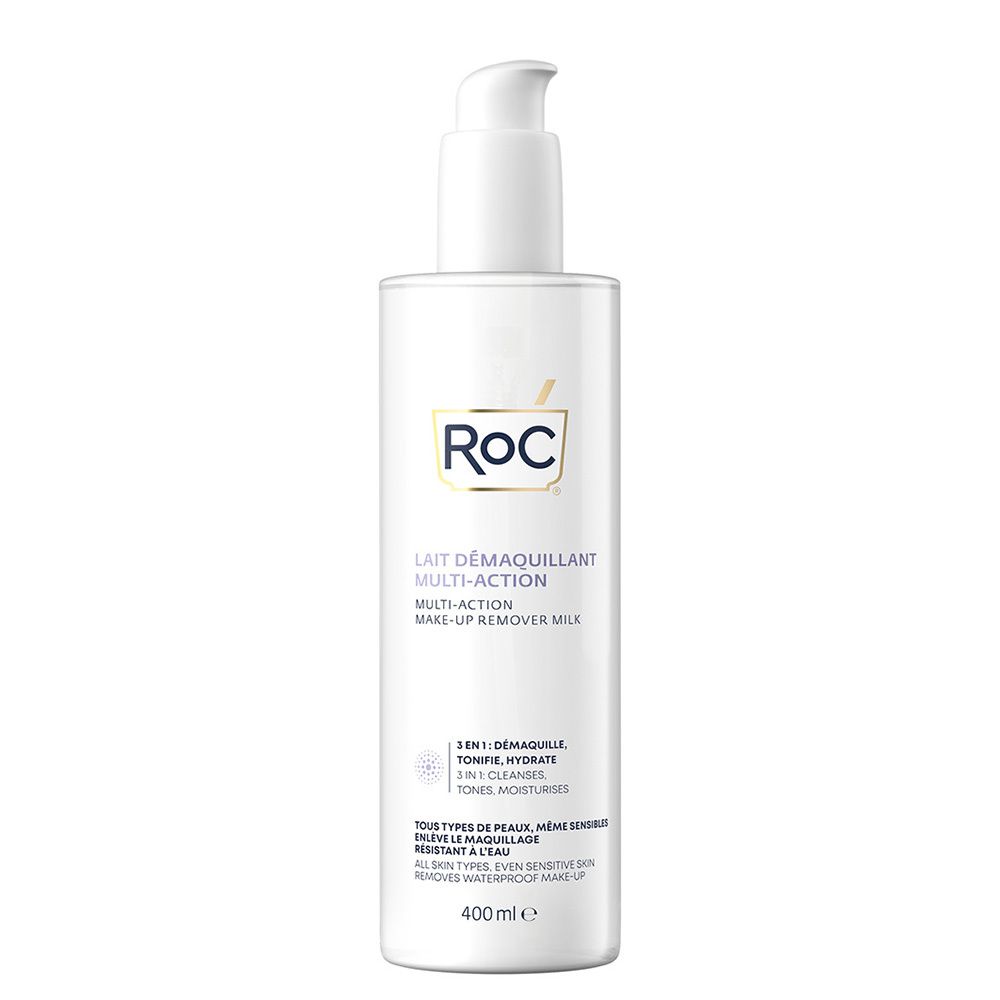 Witte fles met pomp. Opschrift: RoC, Lait Démaquillant Multi-Action. 3-in-1 reinigingsmelk. Voor de gevoelige huid.
