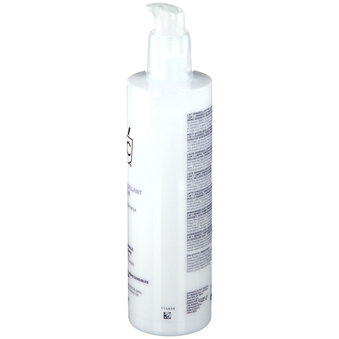 Weiße Flasche mit Pumpe. Rückseite mit Text. Produktinformationen und Barcode. Keine Marke sichtbar.
